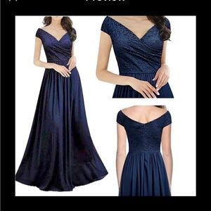 Miusol Navy Blue Off Shoulder Maxi Dress Evening Gown Lace and Chiffon